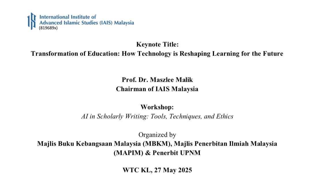 Esok saya akan menyampaikan ucaptama bertajuk: 

“Transformation of Education: How Technology is Reshaping Learning for the Future”

Tarikh: 27 Mei 2025 (Selasa)

Tempat: Bilik Kuala Lumpur, Tingkat 5, WTC Kuala Lumpur.

Waktu: 9:00 pagi.

Program ini dianjurkan oleh: 
Majlis