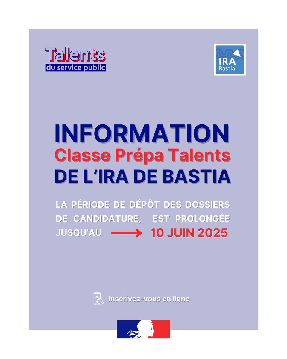 📣📣 Information - Classe Prépa Talents de l’IRA de Bastia (2025-2026) 

La période de dépôt des dossiers de candidature est prolongée jusqu’au 10 juin 2025 !

Déposez votre dossier en ligne ⤵️
demarches-simplifiees.fr/commencer/doss…