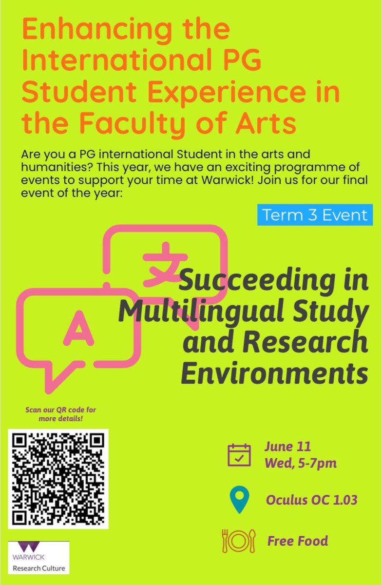 yanyul00514's tweet photo. Our upcoming workshop for those who navigating postgraduate study in a multilingual context! 🥳Scan the QR code for registration or more info. Join us on June 11th. https://t.co/MCCMSk4hdw