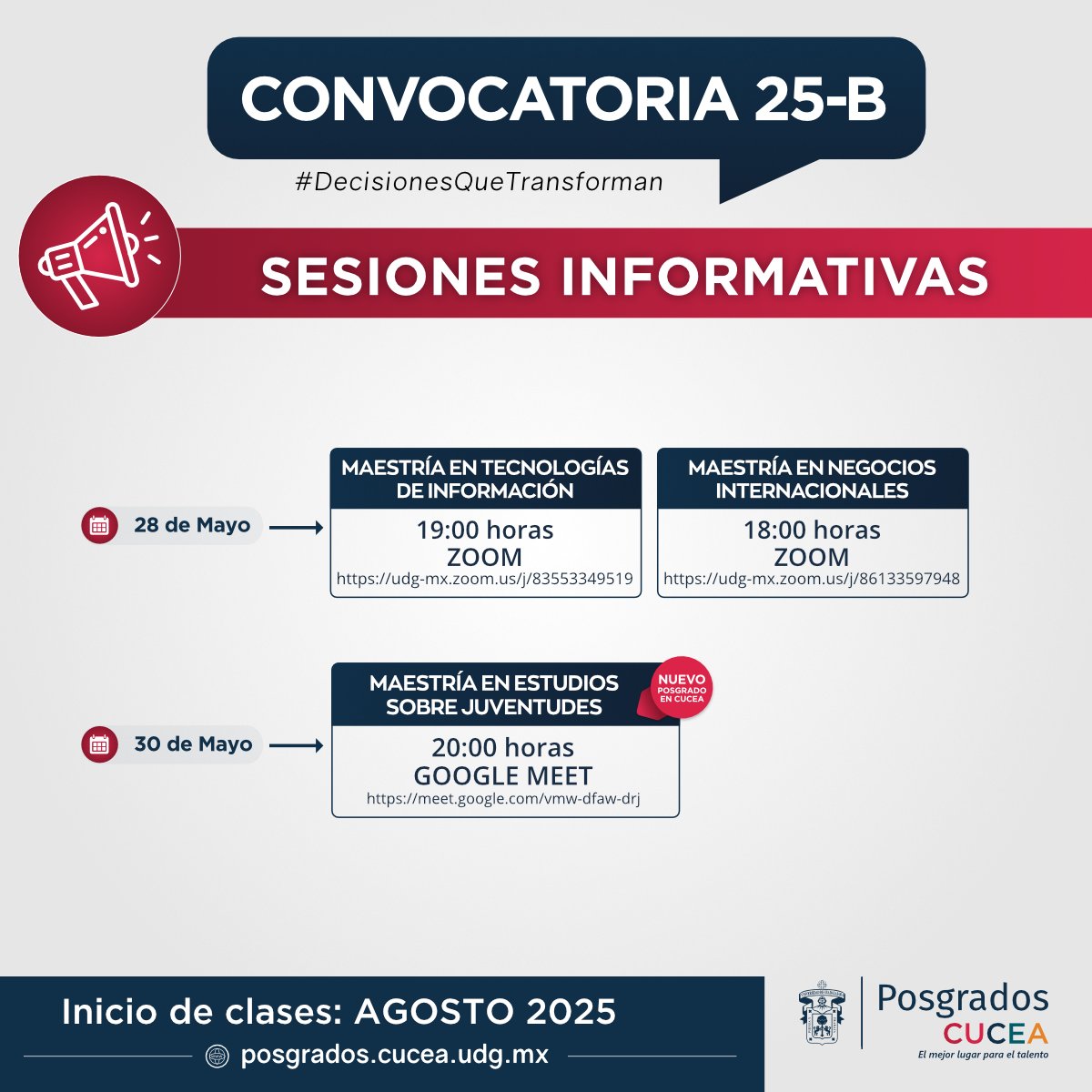 #PosgradosCUCEA 
Descubre todo sobre nuestros programas en las próximas Sesiones Informativas para ciclo 2025-B 🧑🏻‍🎓

🗓 28 y 30 de mayo.
🔗 Más información y accesos: posgrados.cucea.udg.mx/?q=sesiones-in…

Sé parte de la próxima generación en Posgrados CUCEA. 🌟

#DecisionesQueTransforman