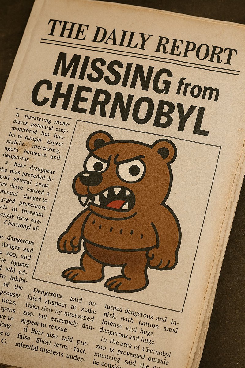CHERNO_ZOO's tweet photo. 🚨 MISSING: “BRUNKR” the lab-grown hyperbear.
Last seen near reactor 4.
Not friendly. Not fluffy.
👁️ He knows things… the kind of things he shouldn't.
#CERNOZOO #BearNFT #ChernobylFiles https://t.co/bzR4MqZIPA