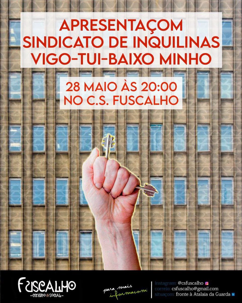 Tes algum problema ou dúvida co aluguer? Queres conhecer o Sindicato de Inquilinas Vigo-Tui-BM? 
 📍Vemo-nos a vindeira quarta-feira 28 de maio às 20h no CS Fuscalho.A Guarda