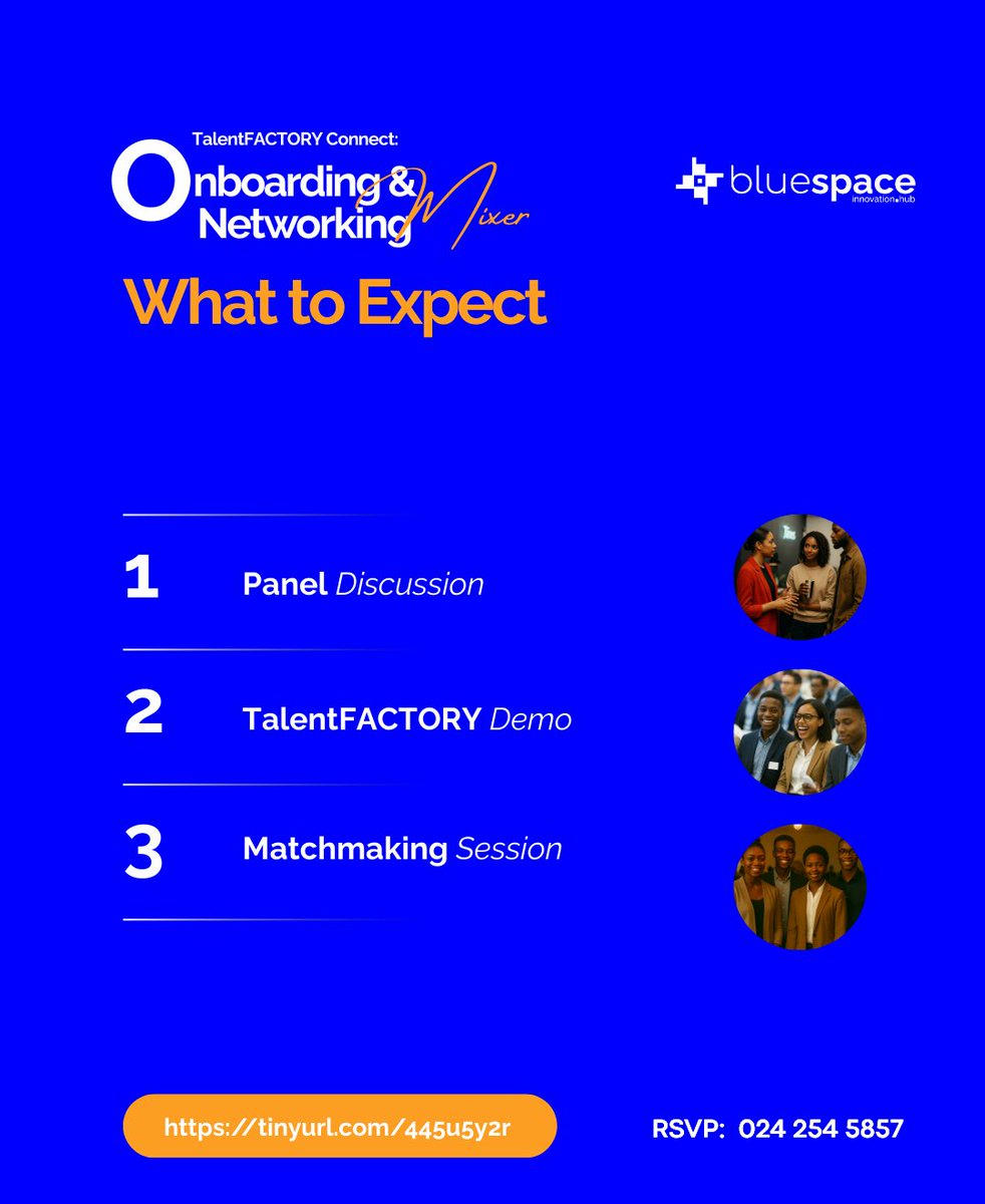 BlueSPACE Innovation Hub (@bluespace_hubs) on Twitter photo Here's all you should expect at our upcoming TalentFACTORY Onboarding & Networking Mixer!
- Panel discussion
- TalentFACTORY demo
- Matchmaking session
Friday, June 6th, 2025
4:00 - 6:00 PM
📍<a href="/dtiafrica/">Design and Technology Institute</a>, Mempeasem - East Legon
Register for free now:
tinyurl.com/445u5y2r Here's all you should expect at our upcoming TalentFACTORY Onboarding & Networking Mixer!
- Panel discussion
- TalentFACTORY demo
- Matchmaking session
Friday, June 6th, 2025
4:00 - 6:00 PM
📍<a href="/dtiafrica/">Design and Technology Institute</a>, Mempeasem - East Legon
Register for free now:
tinyurl.com/445u5y2r