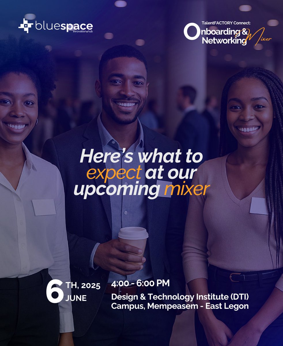 BlueSPACE_hubs's tweet image. Here&apos;s all you should expect at our upcoming TalentFACTORY Onboarding &amp;amp; Networking Mixer!

- Panel discussion
- TalentFACTORY demo
- Matchmaking session

Friday, June 6th, 2025
4:00 - 6:00 PM

📍@dtiafrica, Mempeasem - East Legon 

Register for free now:

tinyurl.com/445u5y2r