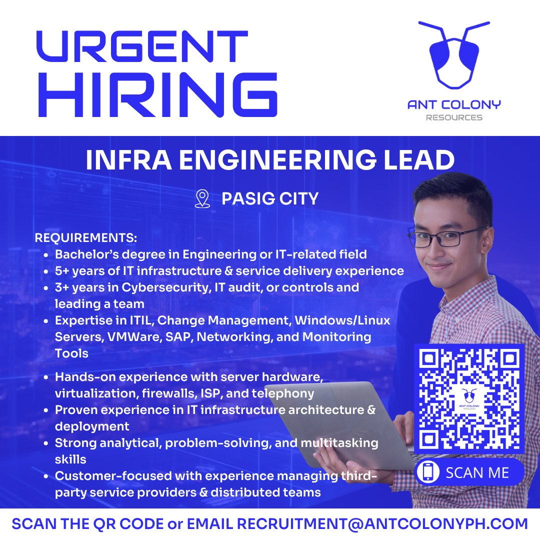 antcolonyph's tweet photo. WE NEED A LEAD INFRASTRUCTURE ENGINEER ASAP!
#ITJobs #EngineeringLead #Infrastructure #TechCareers #Philippines #hiringnow #hiring #jobs #careers #jobsearch #nowhiring #jobopening #careeropportunities #CareersPH #JobOpenings #Philippines #jobopportunity #jobopportunities https://t.co/VutvWao5mK