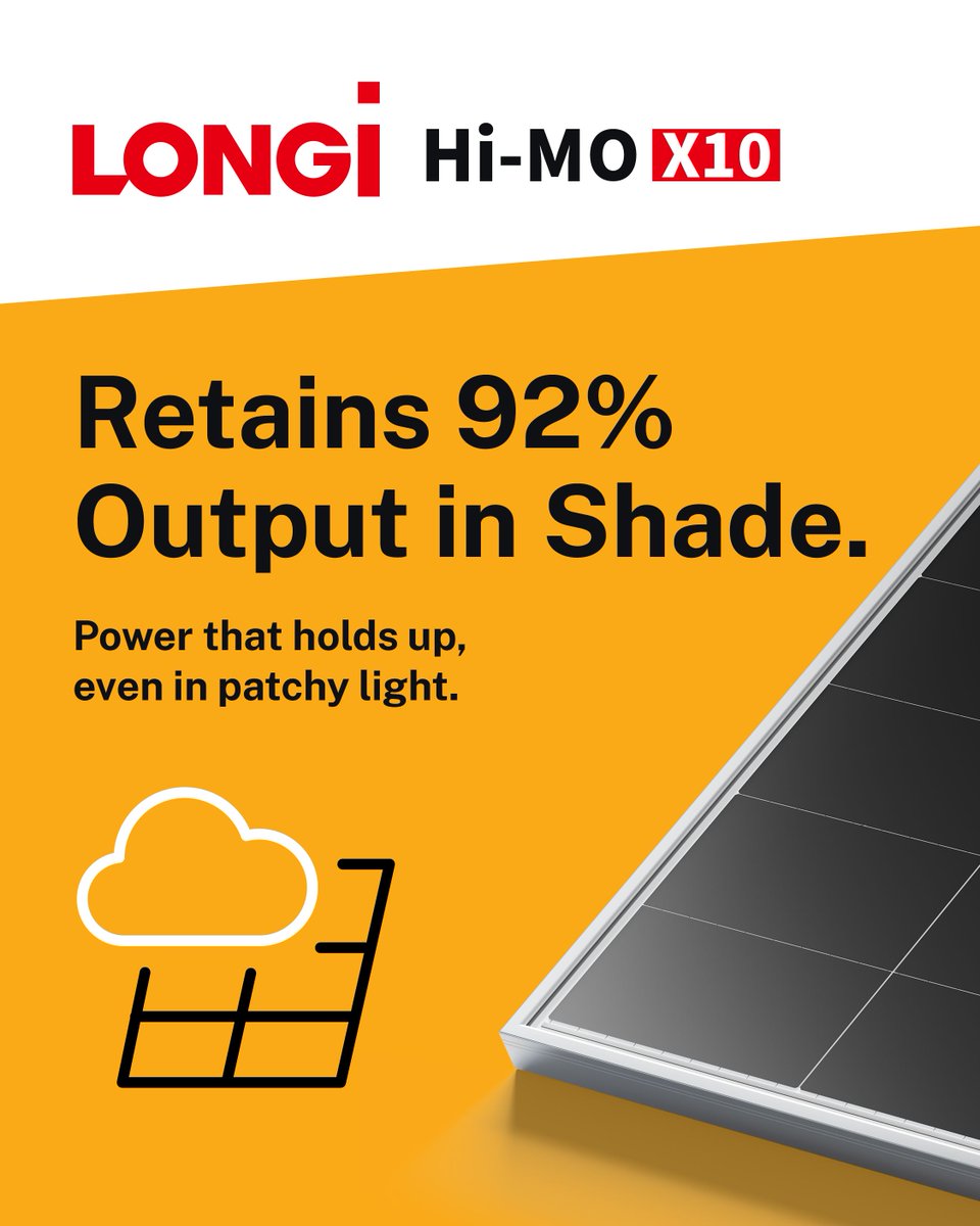 Real-world conditions matter. ☀️🌥️

Hi-MO X10 panels hold ~92% output in shade — vs just 65% for standard TopCon.
Less compromise. More power.

Now in stock at Solen Energy.
🔗 go.solenenergy.com/b32pz2

#LONGiHiMOX10 #SolenEnergy #NextGenSolar #CommercialSolar