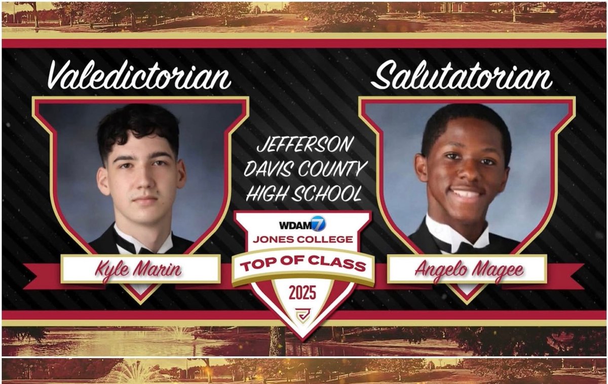 JDCHS_JAGS's tweet photo. 🎓TOP OF CLASS🎓

Our Valedictorian (Kyle Marin) and Salutatorian (Angelo Magee)!

Thank You Jones College and WDAM!
#TopOfClass25 #JaguarMentality https://t.co/yABbEU2xAj