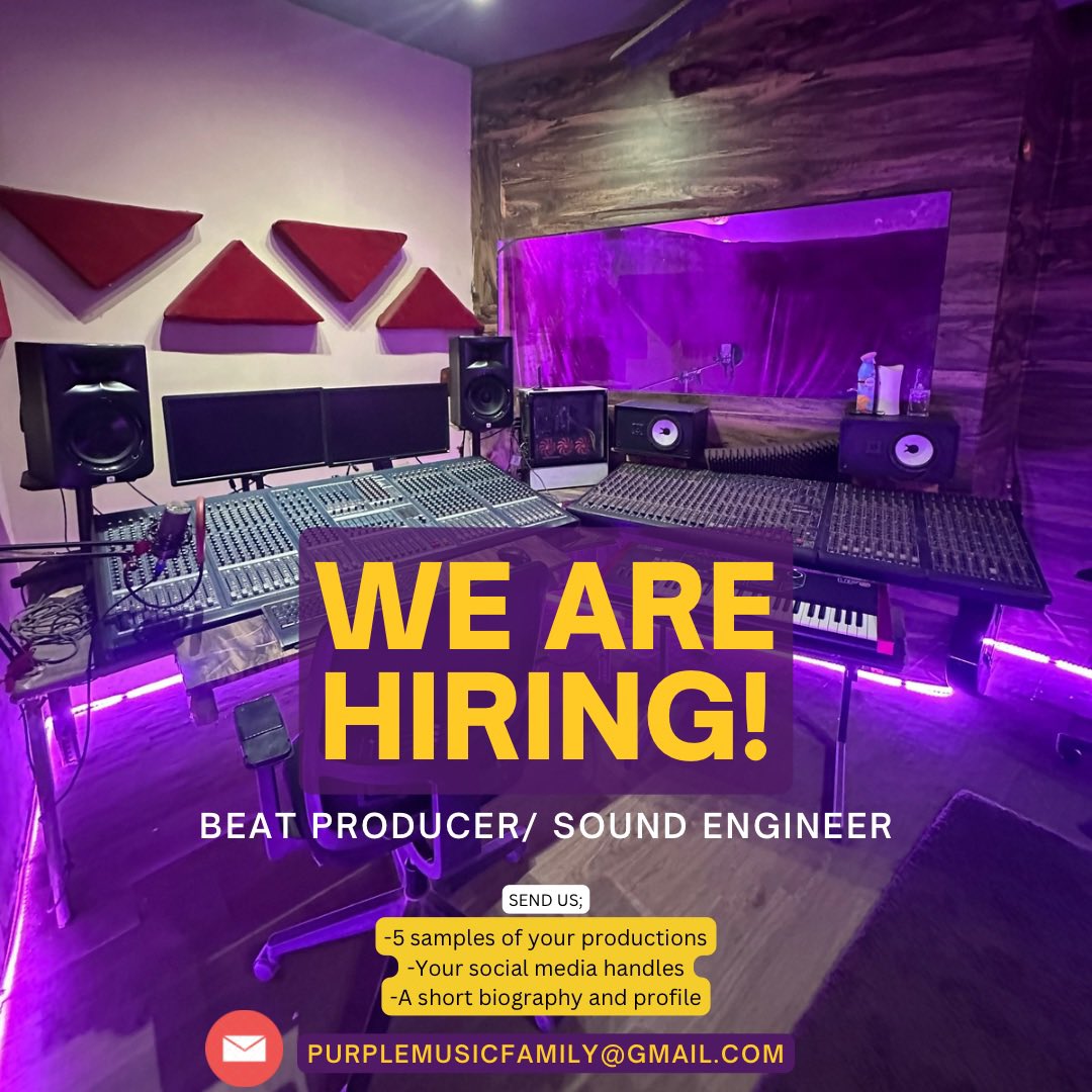 BoiJake's tweet photo. Our New branch in Dansoman is looking to hire another set of producers, mix and mastering engineers and instrumentalists!  Same application process! 

Send CV and 5 productions to Purplemusicfamily@gmail.com ! https://t.co/RdijzFsTWa