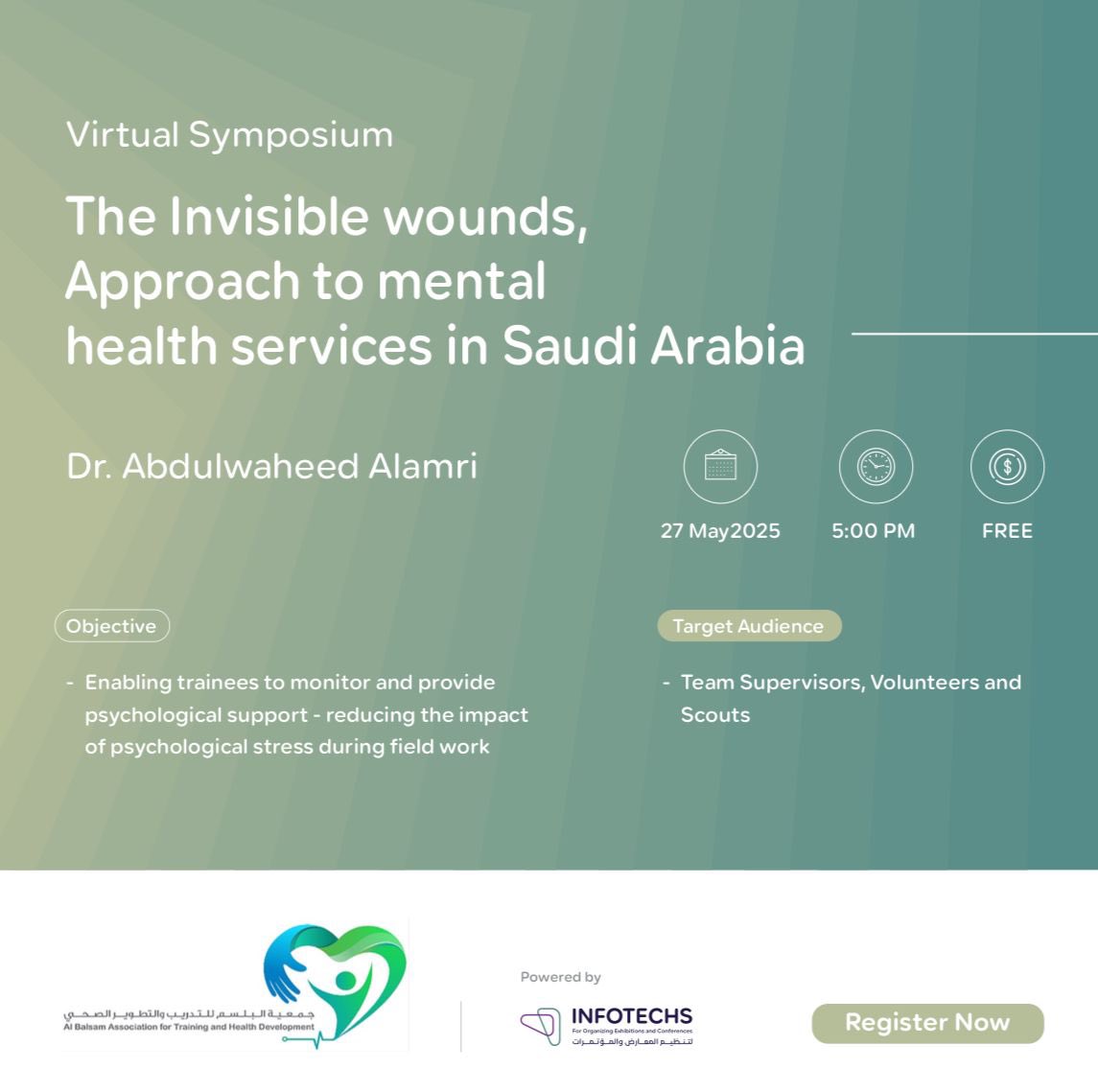 Get Ready and Join us for our virtual symposium. 🤩

“Mental Health Services in Saudi Arabia”

E-Certificate will be provided.

📌 Register Today : saamcourses.infotechsevents.com/courses/enroll…

🗓 27 May 2025

#mentalhealth