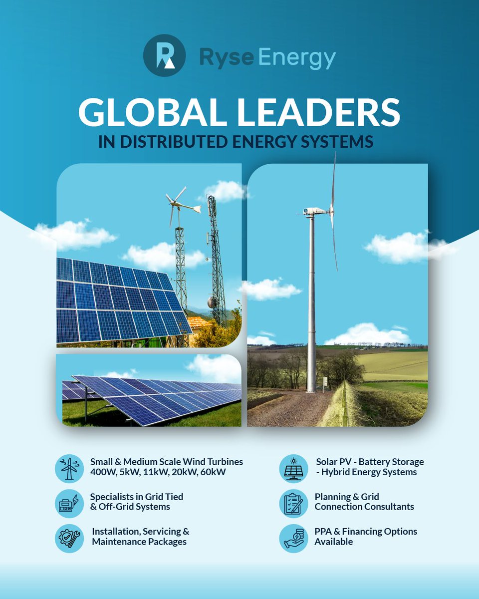 #RyseEnergy offers wind, solar, battery storage, and #hybrid solutions for grid-tied and off-grid needs. Our turbines cater to diverse energy demands. We provide planning, grid support, and flexible financing for a seamless clean energy transition. Contact us: info@ryse.energy