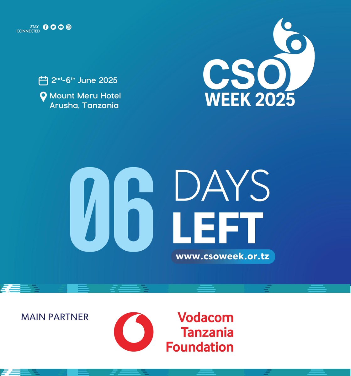 The countdown to #CSOWeek2025 has began

With just 6️⃣ days to go, time is running out! Have you registered? If not, register NOW. csoweek.or.tz 
We look forward to seeing you in Arusha.