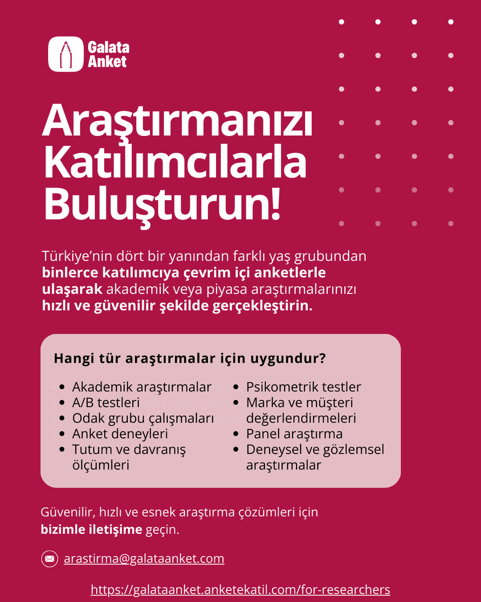 AcademikAhlak's tweet photo. Bir grup akademisyen tarafından oluşturulan Galata Anket, Türkiye genelinden katılımcılara hızlı ve güvenli şekilde ulaştırarak akademik saha çalışmalarınızı kolaylaştırıyor. Kendileriyle dayanışmak için detayları paylaşıyoruz: 
https://t.co/bkybbEQ5ON
@ahmetuakbiyik @GalataAnket https://t.co/vXB7L4veNQ