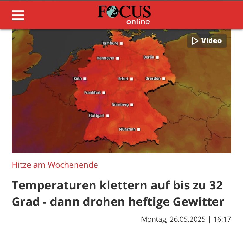 Der Wetterbericht sagt etwas anderes, ihr Lügner. Ihr könnt gerne das nächste Mal die Karte noch in Bordeauxrot anmalen. Den Klimawandel-Zirkus kaufen wir euch nicht mehr ab.