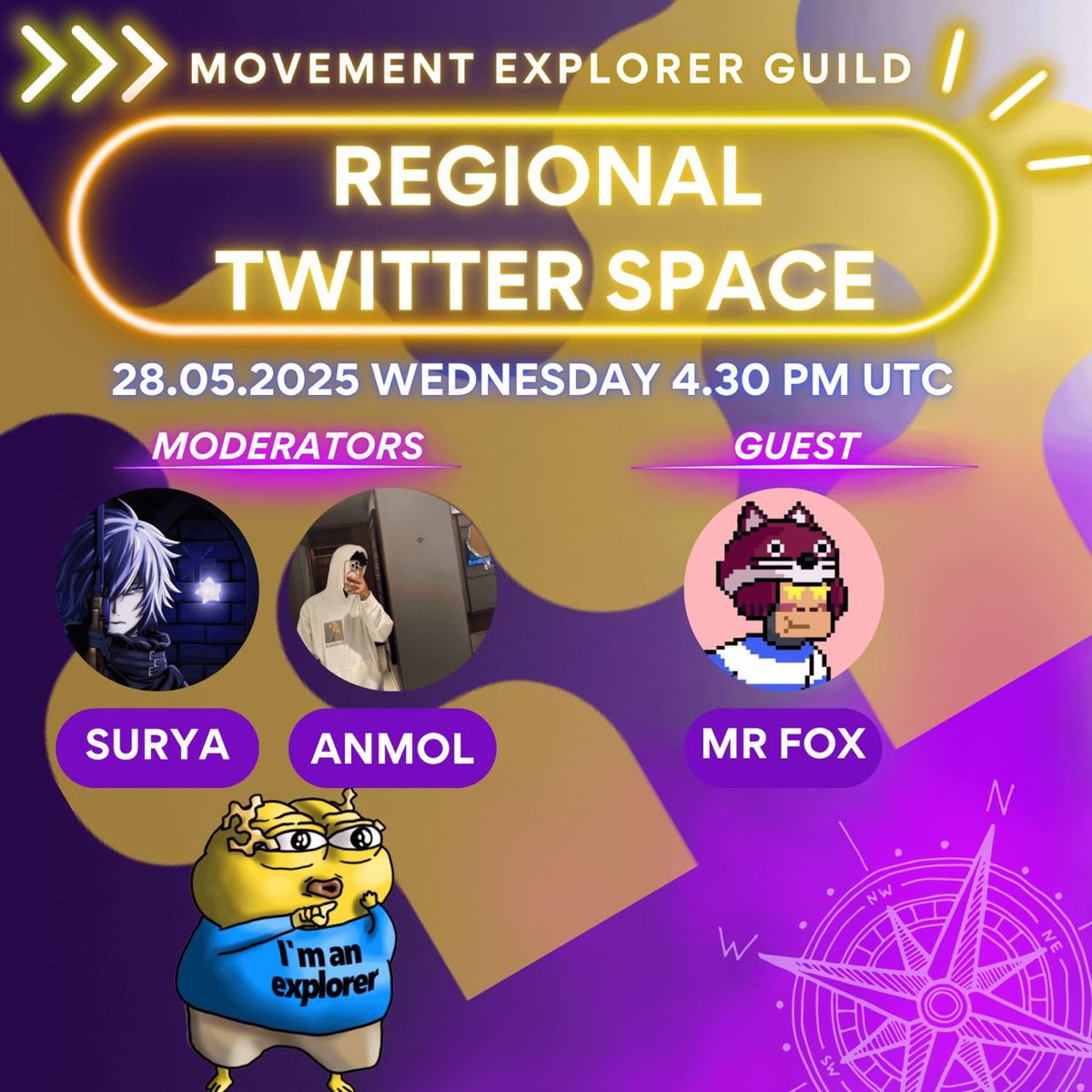 ⚡️So, we’re continuing our series of regional Spaces, and this Wednesday our explorers from India — <a href="/Surya_xyz_/">Surya</a>, <a href="/anmolratanx/">Anmol | Integrated 🦍⚡️</a>, and <a href="/mrfoxFDC/">Mr Fox 🦊</a> — will be hosting a Space for our Indian community. 
It’s going to be loud and full of value!

⚡️Come join us and get energized!