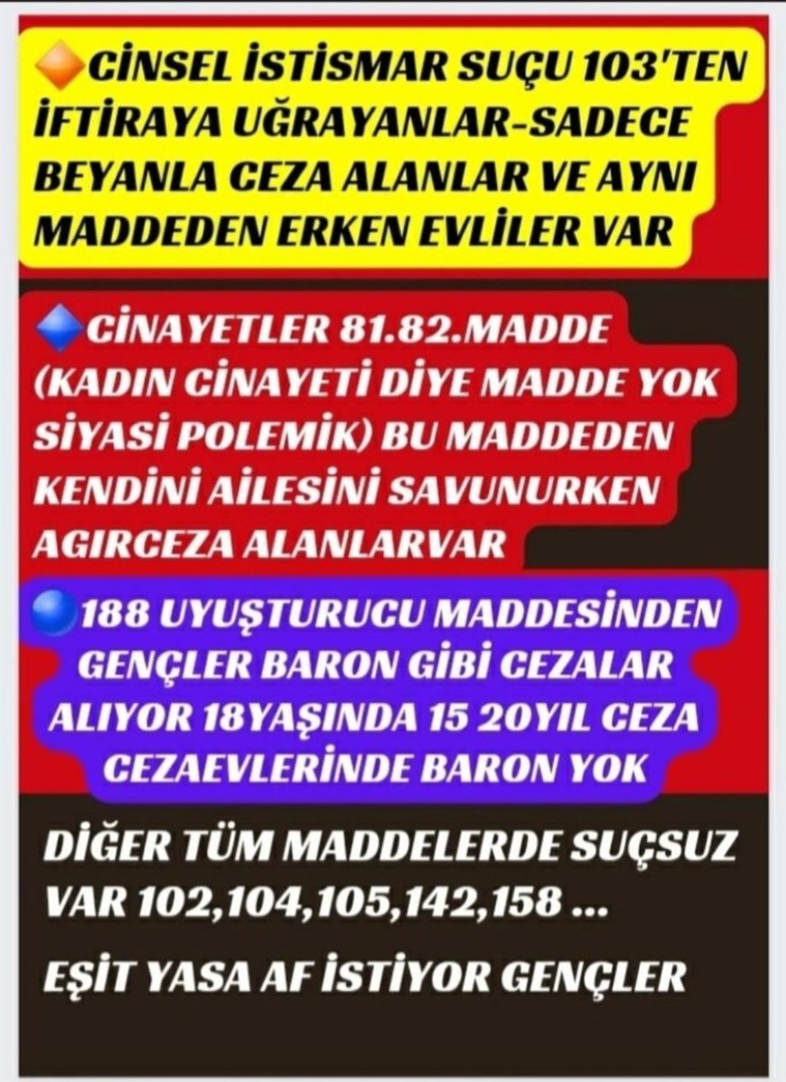 Ahmet_Brky67's tweet photo. Mahkumlara 2ŞansıVerin

@RTErdogan 
@dbdevletbahceli 
@yilmaztunc 
@gurseltekin34 
@M_Sarigul 
@eczozgurozel 
@cenginyurt52
@avsbulbul
@ugurdundarsozcu
@MTanal
@gergerliogluof
@YildizFeti https://t.co/xegonjNls5