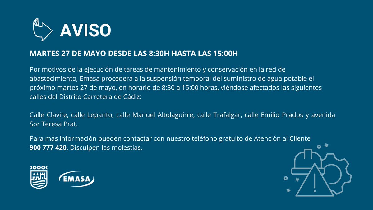 EMASA (@emasamalaga) on Twitter photo ⚠ #AvisosEMASA
Mañana martes 27 de mayo habrá una suspensión temporal del suministro de agua potable, afectando a zonas del distrito Carretera de Cádiz.
Más información: emasa.es/agenda/aviso-d…
<a href="/malaga/">Ciudad de Málaga</a> ⚠ #AvisosEMASA
Mañana martes 27 de mayo habrá una suspensión temporal del suministro de agua potable, afectando a zonas del distrito Carretera de Cádiz.
Más información: emasa.es/agenda/aviso-d…
<a href="/malaga/">Ciudad de Málaga</a>