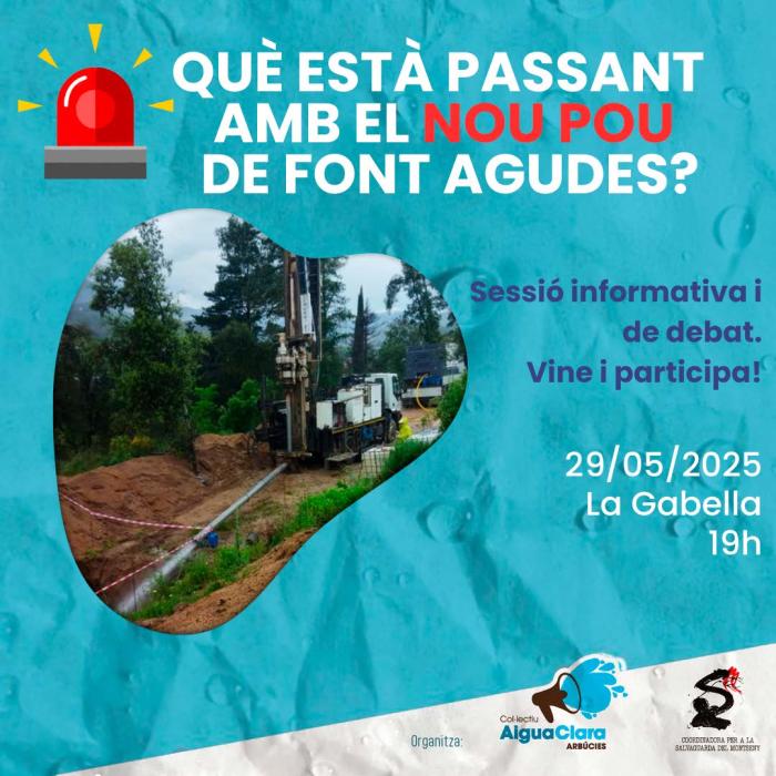 Aigua és Vida (@aiguaesvida) on Twitter photo Què està passant amb el nou pou de Font Agudes❓ Sessió informativa i de debat
Hi ha indicis d’irregularitats? Com podem plantar-hi cara? Vine, informa’t i participa!
📆 Dijous 29 de maig 📆 19h 📍 La Gabella, Arbúcies
👥 Organitza AiguaClara i <a href="/csmontseny/">Salvaguarda Montseny</a> Què està passant amb el nou pou de Font Agudes❓ Sessió informativa i de debat
Hi ha indicis d’irregularitats? Com podem plantar-hi cara? Vine, informa’t i participa!
📆 Dijous 29 de maig 📆 19h 📍 La Gabella, Arbúcies
👥 Organitza AiguaClara i <a href="/csmontseny/">Salvaguarda Montseny</a>