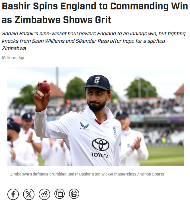 CricketPulseUSA's tweet photo. Bashir's Brilliance Secures England’s Dominance Over Zimbabwe

For further details, read the full article here:
https://t.co/MHEnkAaOPo

#cricketpulseusa #bashir #england #zimbabwe #innings #win #wickets #match #test #series https://t.co/EHEQUvKbIe