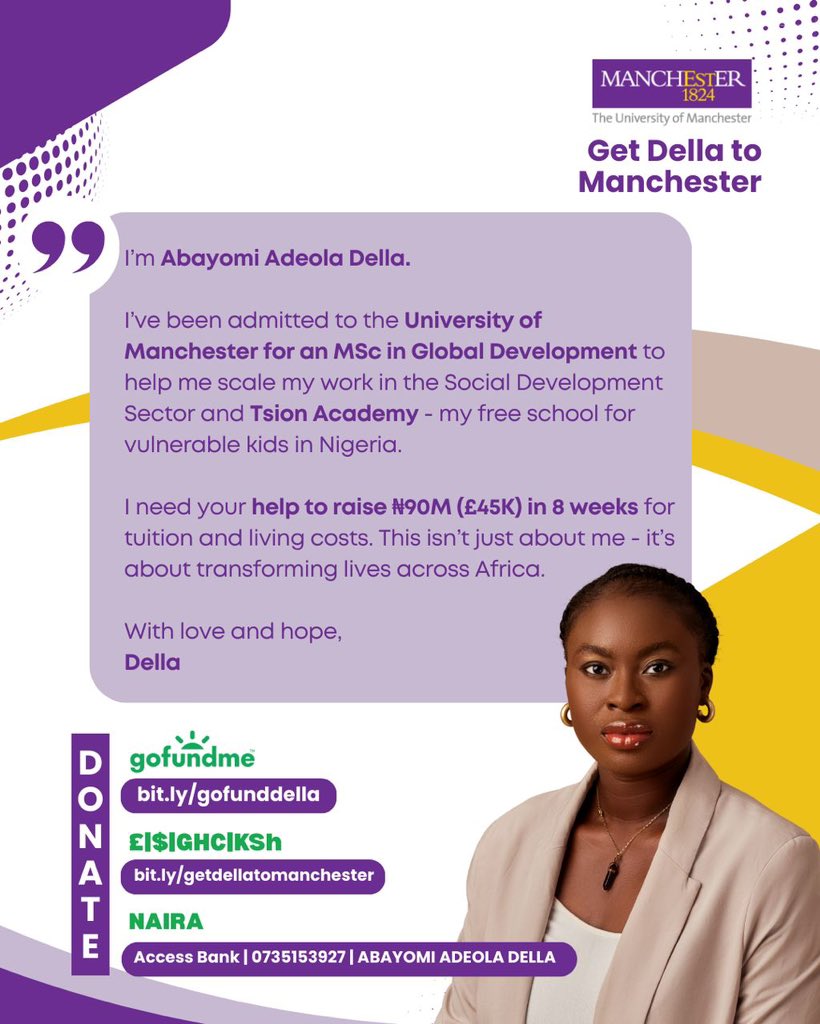 iamthedella's tweet photo. I have received many kind words from family, friends and strangers— many out of joy and some out of genuine concern of how this is possible.

I want us to know that it’s really in the little things. Your 1k, 10k, £5 of £10! Let’s not wait until we have the large numbers.

If 4,500 people give £10 or 9,000 people give N10,000, we’d reach our goal. It’s more in our numbers than the amount. While we share, let’s know that it starts with us first.

I have no doubt about how possible this is. Let’s #GetDellaToManchester!🌍🚀

Account Details:
Naira: Access Bank 073 515 3927 Abayomi Adeola Della
£|$|GHC|KSh: https://t.co/LAPDTWQkBB
Go Fund Me: https://t.co/PZBoBX3CkS

Want to help with publicity? Kindly join the team: https://t.co/OCLKqNg5X2