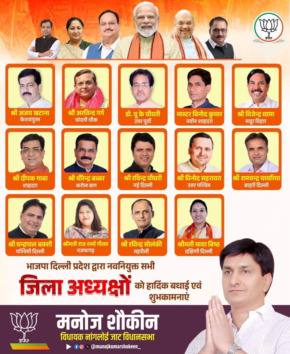 भाजपा दिल्ली प्रदेश द्वारा नवनियुक्त सभी जिला अध्यक्षों को हार्दिक बधाई एवं शुभकामनाएँ।

मुझे पूर्ण विश्वास है आप सभी नई जिम्मेदारियों का सफलतापूर्वक निर्वहन करेंगे और पार्टी की नीतियों व मूल्यों को प्रत्येक नागरिक तक पहुंचाकर संगठन को नई ऊँचाइयों तक ले जाएँगे।💐💐💐