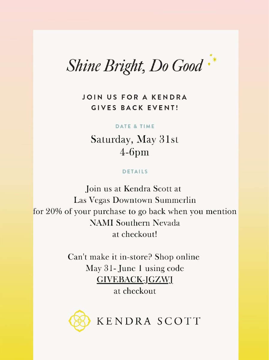 #Reminder Shine Bright, Do Good! 

Join us for a Kendra Gives Back Event 
Sat May 31st from 4 - 6 PM at Kendra Scott, Las Vegas Downtown Summerlin

Can't make it in-store? Shop online May 31-June 1 using code: GIVEBACK-IGZWI at checkout. 

#fundraiser #lasvegaslocals