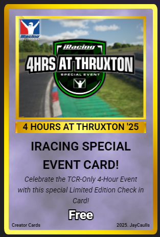 JayCaulls's tweet photo. It's 4 Hours of Thruxton Week!
Time to get a paint sorted & practice!
https://t.co/WQviSbHh0l
Also, visit stream to get your Limited Edition Thruxton Creator Card now!
#iRacing #Simracing #CreatorCards https://t.co/5s2gYdZAVh