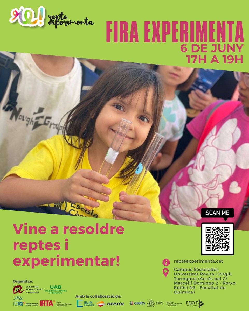 ✨ Torna la #FiraExperimenta!
📅 6/06/25 · 🕔 17–19 h
Vine amb el teu passaport de científic, supera reptes i emporta’t un premi! 🧪💥
Entrada lliure! 🚀 
📍 On? Porxo Edifici N3 Facultat de Química URV
#STEM #CiènciaPerTothom
ℹ️repteexperimenta.cat/fira-experimen…
