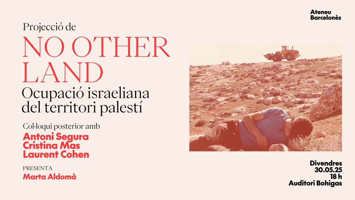 🎥 No Other Land és el testimoni directe de la destrucció de pobles palestins, gravat per activistes locals i israelians en resistència conjunta. 

🧐 Un relat poderós i humà sobre el que passa a la vall de Masafer Yatta.

📅 Divendres 30 de maig, 18 h
📍 Auditori Oriol Bohigas