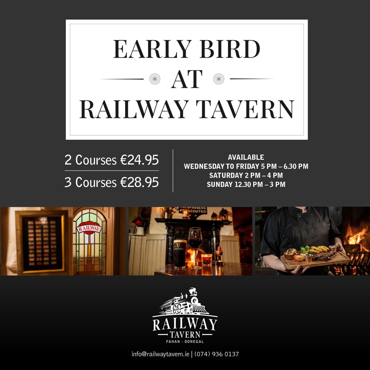 Sink your teeth into a delicious award-winning meal with our Early Bird offer 🔥
Enjoy 2 courses for €24.95 or 3 courses for €28.95

Book now!
 ow.ly/jJRp50VVsHG

#railwaytavern #fahan #derry #donegal #steakhouse #visitdonegal #wildatlanticway #steak #offer #earlybird