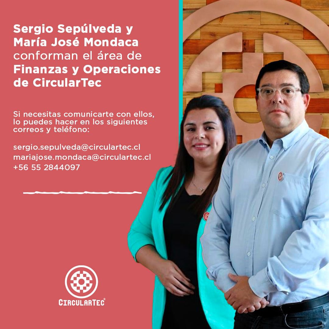 👥 Finanzas y operaciones al servicio de la economía circular

Sergio Sepúlveda y María José Mondaca lideran la gestión administrativa y financiera de CircularTec, con foco en la transparencia y sostenibilidad. 

Desde Tarapacá, trabajamos por una gestión responsable. ♻️🌱