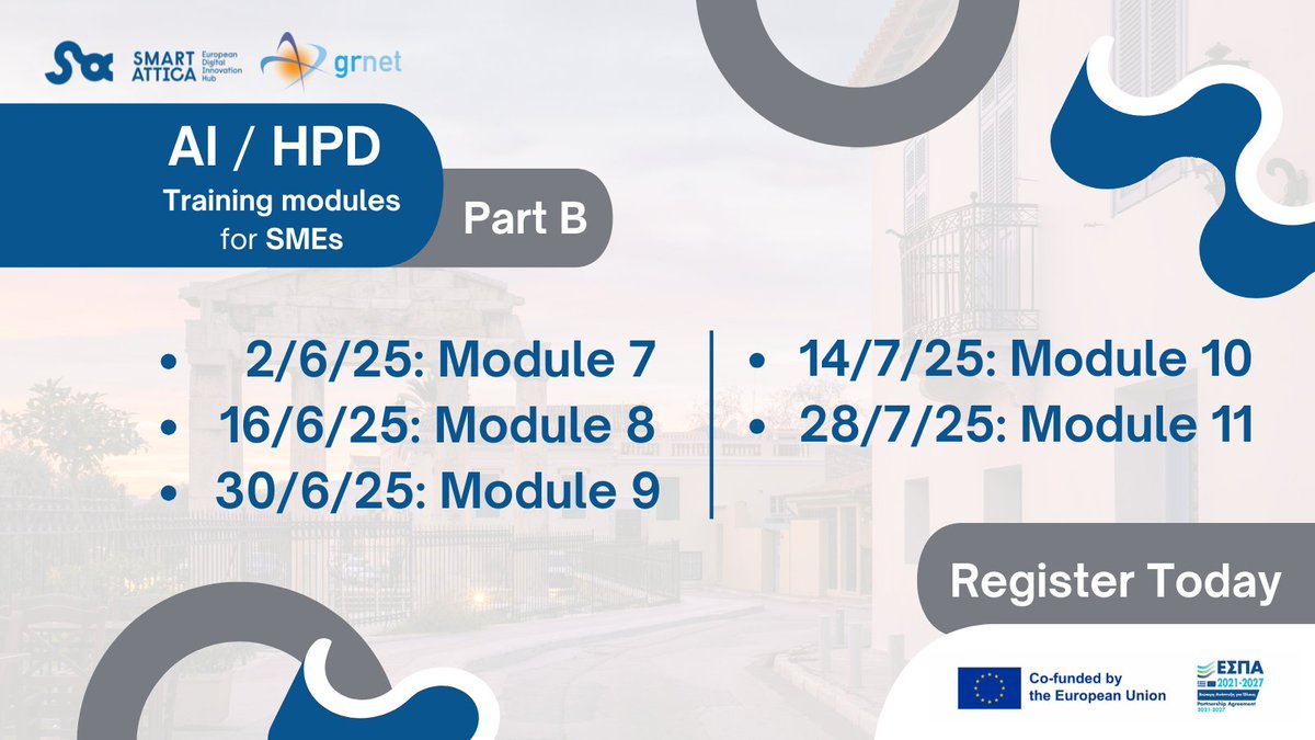 🚀#GRNET continues #SmartAttica #EDIH Training with 5 NEW modules for SMEs &amp; professionals!
Advanced #AI, #ML&amp; #HPC topics like:
 🔸 Ensemble Learning
 🔸 Unsupervised Learning
 🔸 Real-world ML
 🔸 Python Multiprocessing
 🔸 CUDA in Python
📅Starts 2/6

➡bit.ly/3GZWwfg