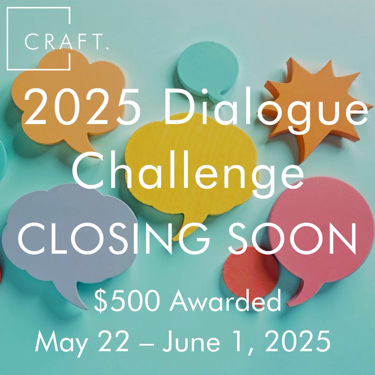Closing soon: Our 2025 Dialogue Challenge!

We want to read only the dialogue: no tags, no stage directions, no settings—no added context whatsoever. One winner will receive $500 + publication.

Deadline: June 1, 2025, 11:59 PM Pacific

Submit your work: craftliterary.com/craft-dialogue…
