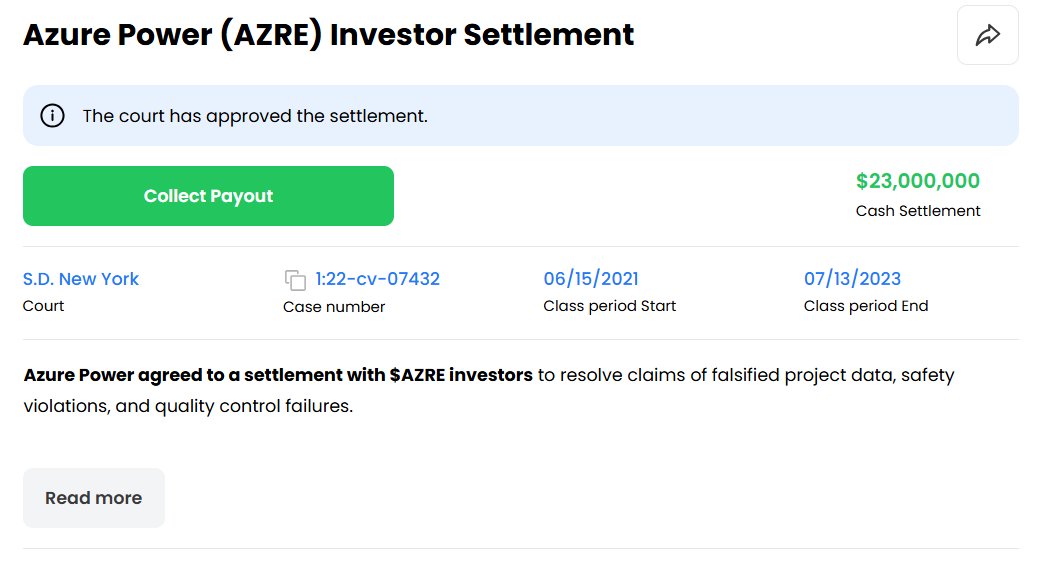11thestate's tweet image. Don&apos;t forget that if you held $AZREF, there’s a significant settlement you can also claim.     

Consider it the dividend #AzurePower never paid. $AZRE