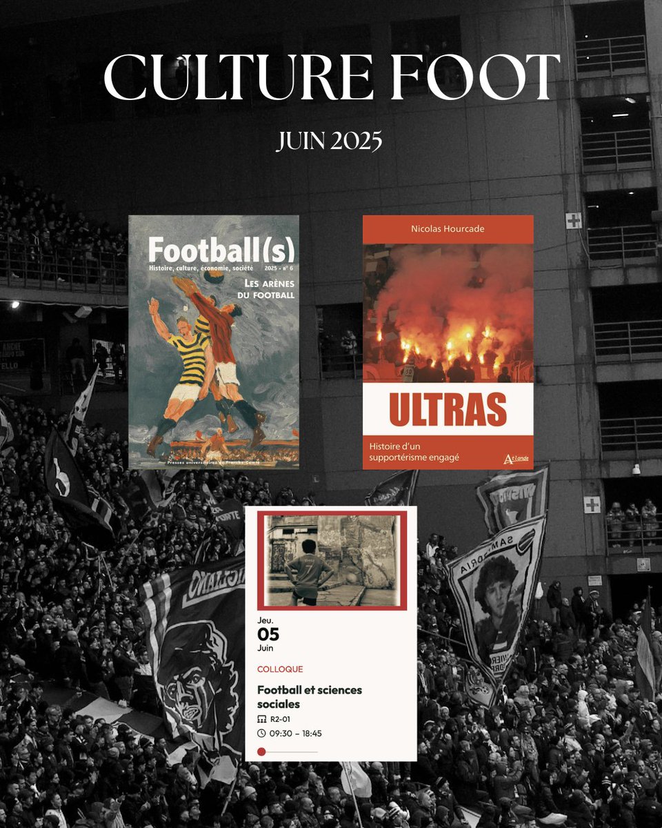 La culture foot 🇫🇷 est bien vivante — il suffit d’ouvrir l’œil (et l’esprit) pour la voir partout. En juin :

▶️ Parution du nouveau livre très attendu de Nicolas Hourcade, sociologue spécialiste des supporters.

▶️ Sortie du n°6 de la revue Football(s), dirigée par l’historien