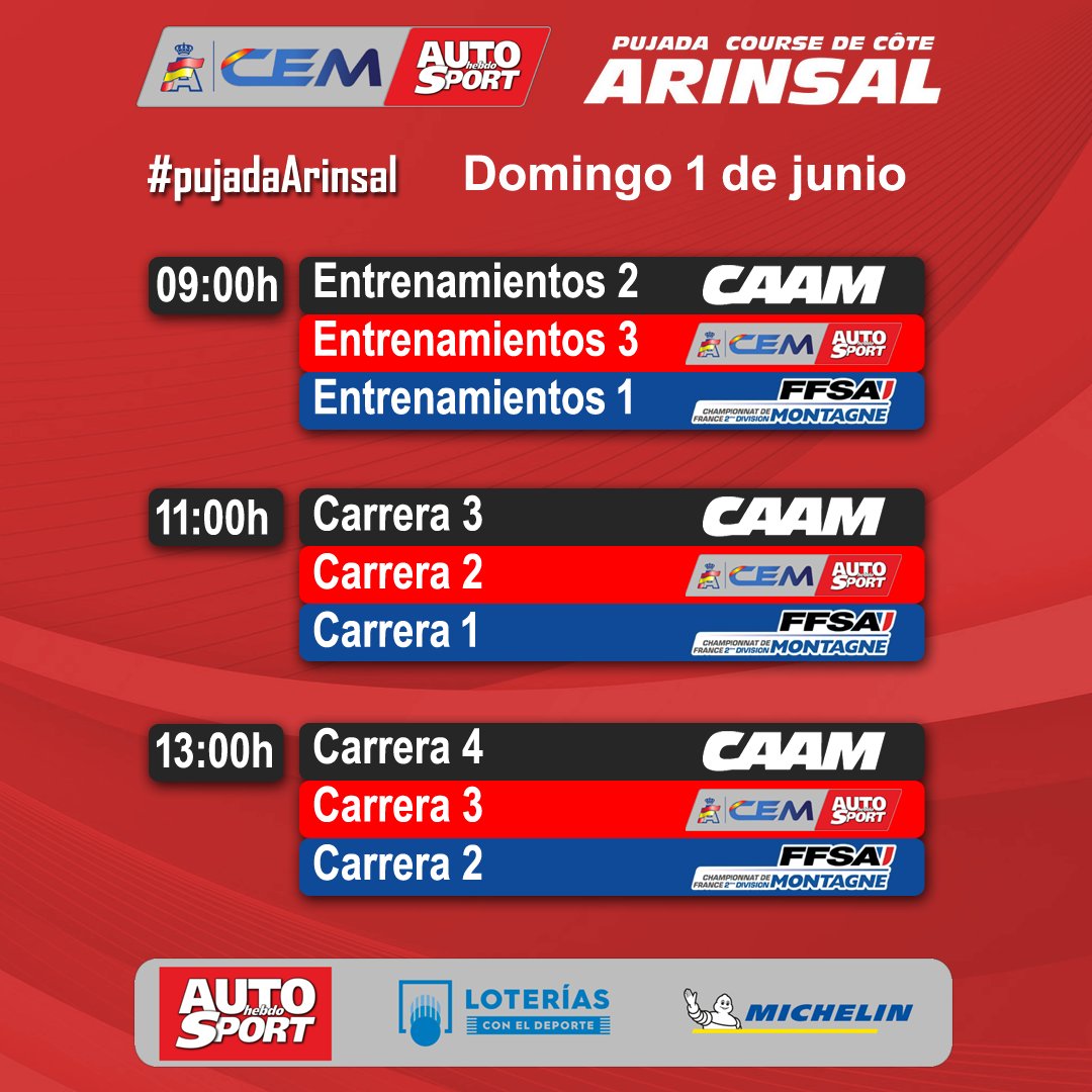 Horarios de la jornada del domingo en la #pujadaArinsal, tercera prueba del #CEMAUTOHEBDO 2024
⏱️ Tiempos 👉 esportiva.aca.ad/es/pruebas-dep…
📺 Streaming 👉 cem.rfeda.es/streaming
📻 Radio 👉 cem.rfeda.es/radio
