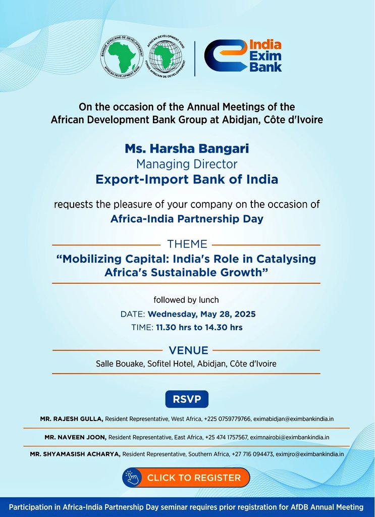 #AfDBAM2025 #Abidjan

Are you curious about the collaboration between the African Development Bank and #India? Join us in a hybrid format on Wednesday, May 28th, from 11:30 AM!

✅️ Physical venue: Salle Bouake, Sofitel Hotel

✅️ Livestreaming: youtube.com/live/L3uzxzEO1…