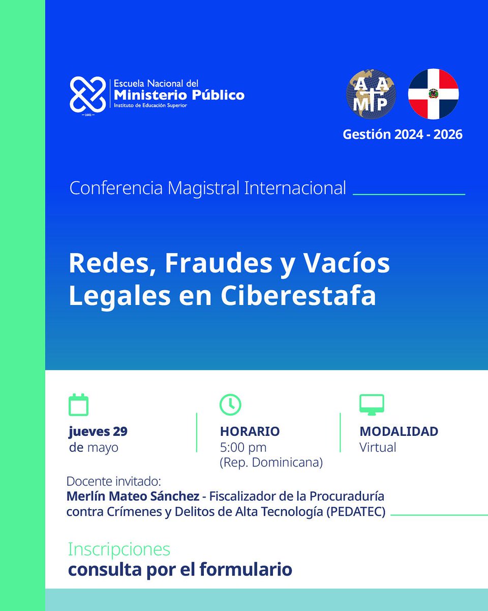 ✅ Te invitamos a sumarte a la Conferencia Magistral Internacional "Redes, Fraudes y Vacíos Legales en Ciberestafas".

✳️ Accedé al enlace de inscripción y registrate: docs.google.com/forms/d/e/1FAI…