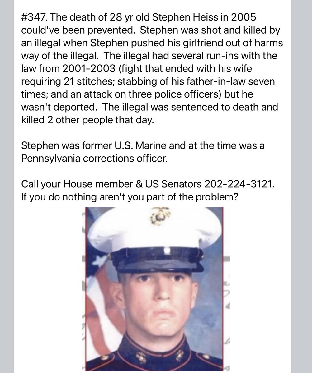 Orrin🇺🇸 (@howmanyare2many) on Twitter photo Stephen didn’t die in battle. Worse, he died at the hands of an illegal and his death could’ve been prevented.
Please repost so Stephen isn’t forgotten and inform the uninformed about his preventable death.
<a href="/BillMelugin_/">Bill Melugin</a> <a href="/SaraCarterDC/">Sara A. Carter</a> <a href="/RealJamesWoods/">James Woods</a> <a href="/AliBradleyTV/">Ali Bradley</a> Stephen didn’t die in battle. Worse, he died at the hands of an illegal and his death could’ve been prevented.
Please repost so Stephen isn’t forgotten and inform the uninformed about his preventable death.
<a href="/BillMelugin_/">Bill Melugin</a> <a href="/SaraCarterDC/">Sara A. Carter</a> <a href="/RealJamesWoods/">James Woods</a> <a href="/AliBradleyTV/">Ali Bradley</a>
