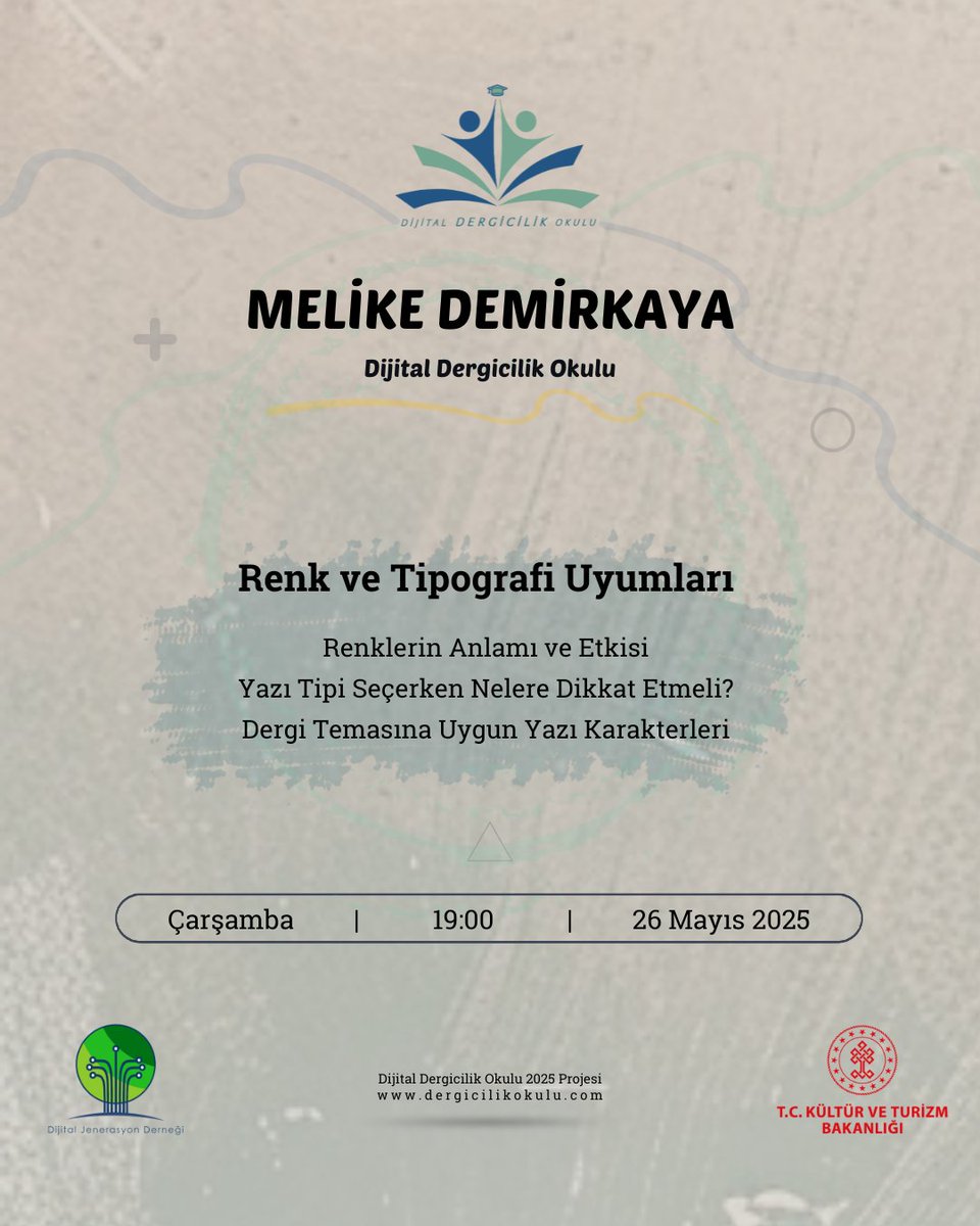 Melike Demirkaya ile Renk ve Tipografi Uyumları dersimizle;

Renklerin Anlamı ve Etkisi
Yazı Tipi Seçerken Nelere Dikkat Etmeli?
Dergi Temasına Uygun Yazı Karakterleri

📅 26 Mayıs 2025, Çarşamba
🕘 21:00
🚩 Dijital Dergicilik Okulu