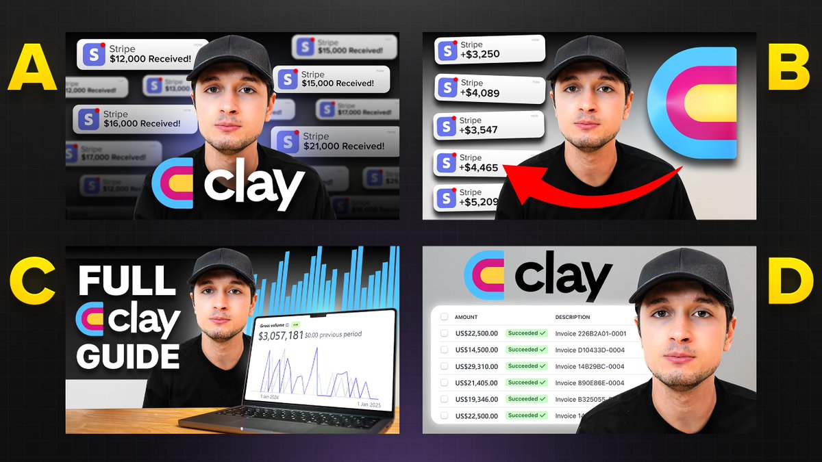 Which Thumbnail is your Favourite A,B,C or D?

Title "How to Use Clay.com to Get Clients" 

Share your opinions below!