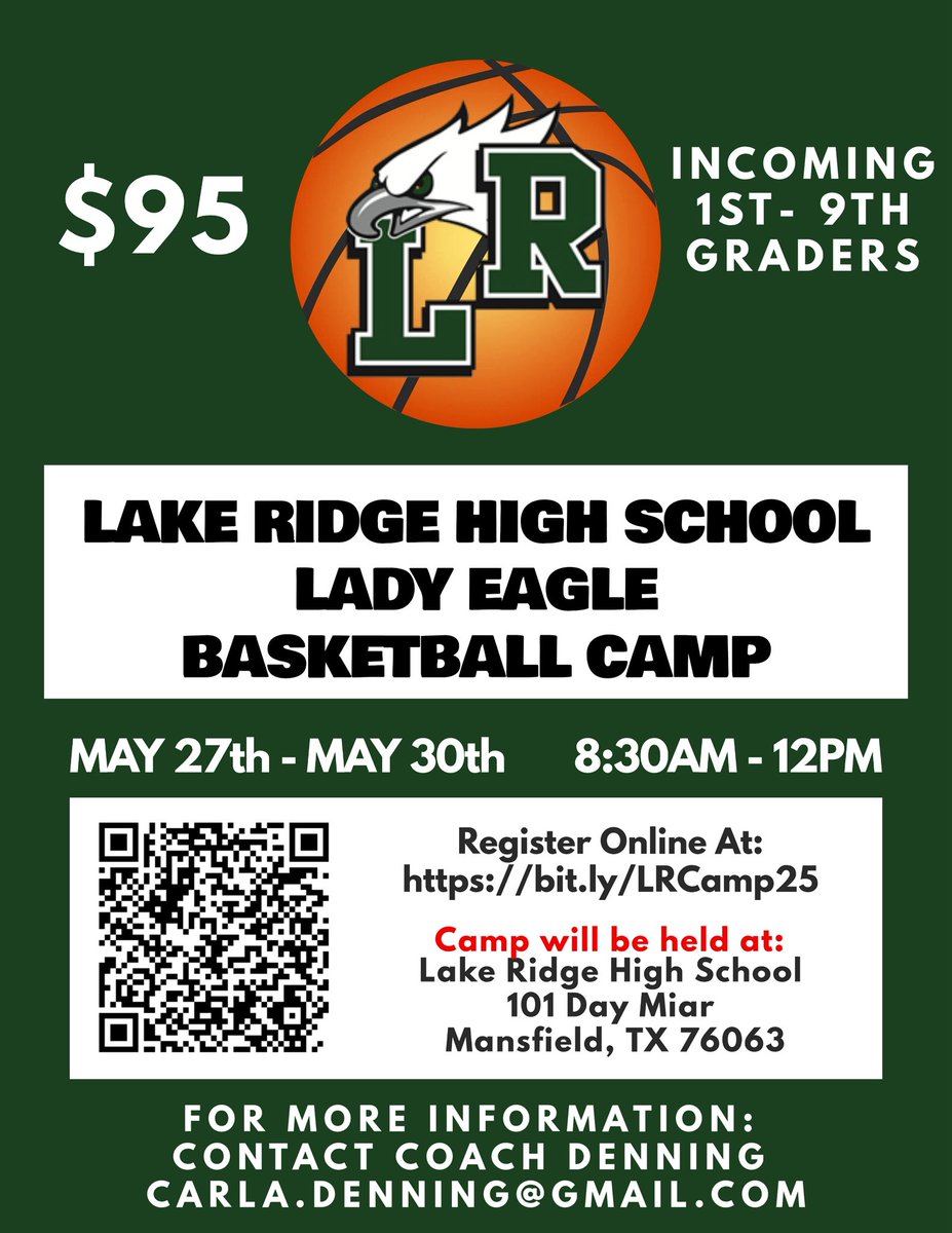 Lady Eagle Basketball Camp is tomorrow!! See you there! Walk ups welcome. 💚💚
