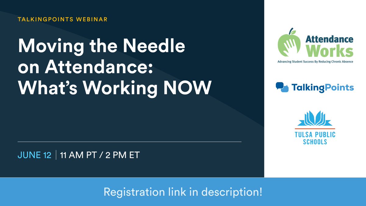 TalkingPoints (@talkingpointsed) on Twitter photo Join us on June 12 at 11 AM PT / 2 PM ET for a powerful webinar featuring <a href="/attendanceworks/">Attendance Works</a> Hedy Chang, TalkingPoints’ Dr. Mallary Swartz, and leaders from <a href="/TulsaSchools/">TulsaSchools</a>.
REGISTER NOW: hubs.la/Q03ncvDQ0 Join us on June 12 at 11 AM PT / 2 PM ET for a powerful webinar featuring <a href="/attendanceworks/">Attendance Works</a> Hedy Chang, TalkingPoints’ Dr. Mallary Swartz, and leaders from <a href="/TulsaSchools/">TulsaSchools</a>.
REGISTER NOW: hubs.la/Q03ncvDQ0