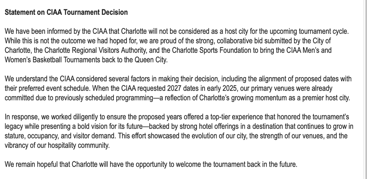Statement from <a href="/CLTTourism/">CRVA</a> on <a href="/CIAAForLife/">CIAA</a>