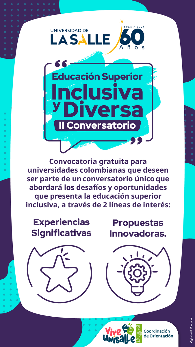 Unisalle (@unisalle) on Twitter photo 🎓 #Convocatoria | II Conversatorio de Educación Superior Inclusiva y Diversa 🇨🇴
🗓️ 19 de ago · Virtual
📝 Postúlate como ponente hasta el 15 de jun
💡Comparte tu experiencia en inclusión educativa
👉 forms.office.com/r/jrvPzr4BWh
📩 bienestarincluyente@unisalle.edu.co 🎓 #Convocatoria | II Conversatorio de Educación Superior Inclusiva y Diversa 🇨🇴
🗓️ 19 de ago · Virtual
📝 Postúlate como ponente hasta el 15 de jun
💡Comparte tu experiencia en inclusión educativa
👉 forms.office.com/r/jrvPzr4BWh
📩 bienestarincluyente@unisalle.edu.co