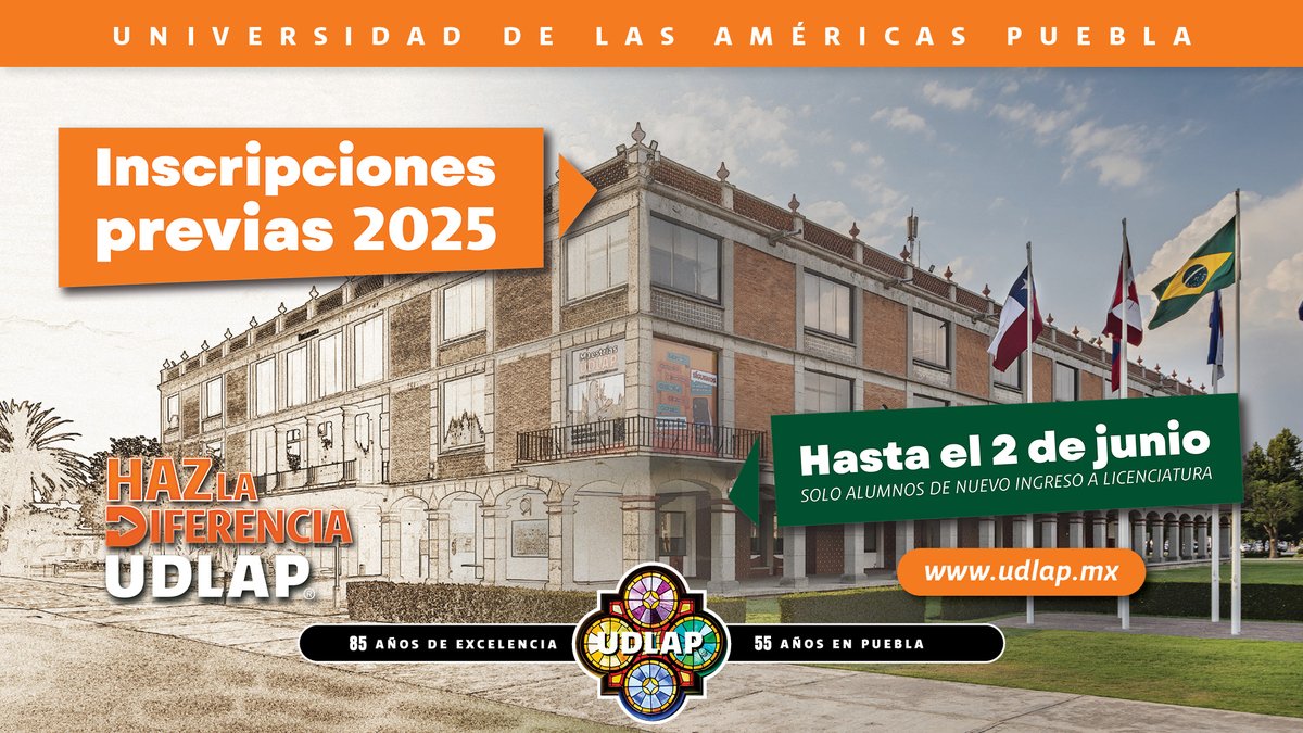 Tienes hasta el 2 de junio para aprovechar los beneficios de las inscripciones previas y elegir ser parte de la mejor universidad privada del país: udlap.mx/inscripcionesp…
#HazLaDiferenciaUDLAP
*Inicio de clases 11 de agosto de 2025.