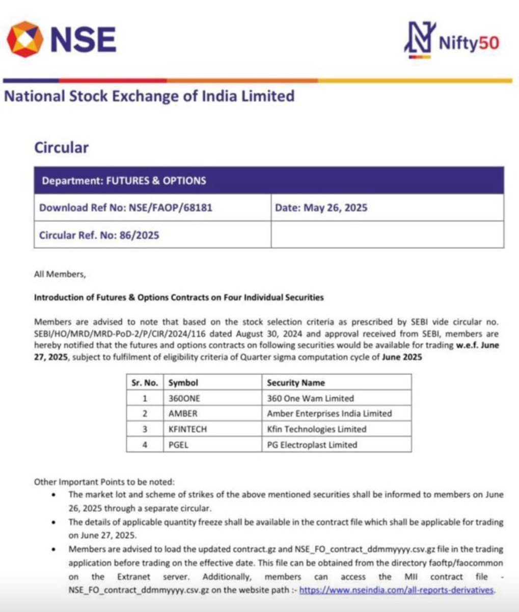 BaijuBears's tweet image. New F&amp;amp;O inclusion with June end&apos;25.

#360ONE
#AMBER
#KFINTECH
#PGelectroplast 

🌻🌻