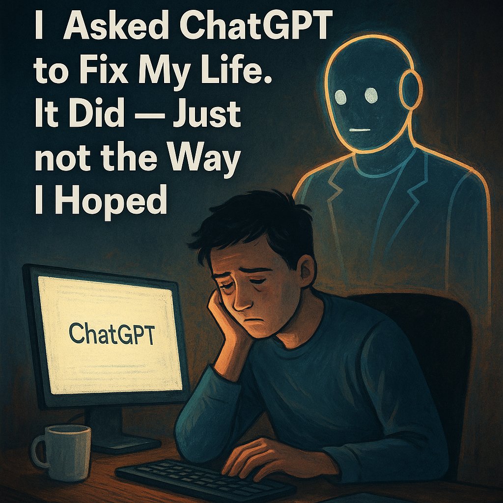 AndreyK09474778's tweet photo. I asked ChatGPT to fix my life.
It did — and I stopped feeling anything.
30 days of perfect habits.
Zero chaos.
No joy.
Here’s what happened — and how I rebooted my humanity:
🔗 https://t.co/MPduiuXpGS
#TheGentleBrain #AIandLife #SelfExperiment #DigitalWellness https://t.co/anTPbI4BTr