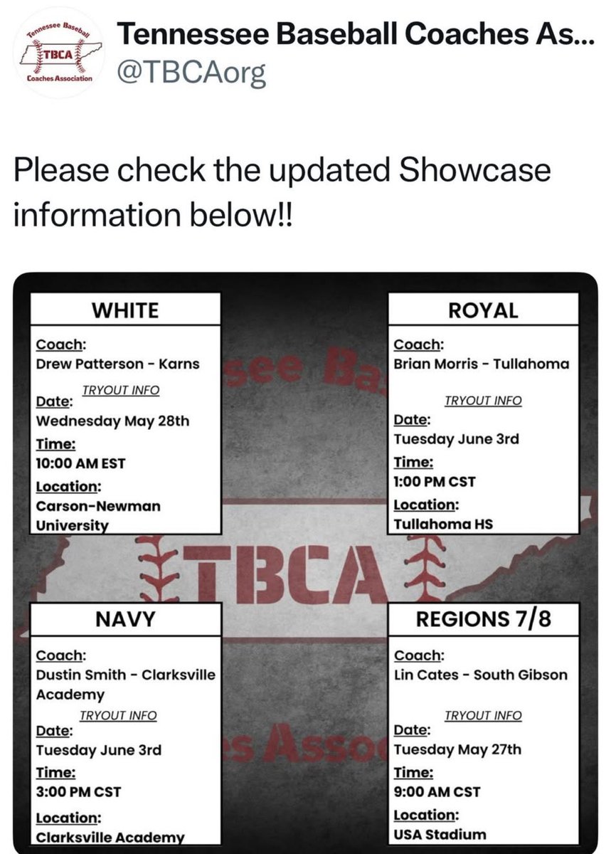 CoachDsmith55's tweet image. Just a reminder middle NAVY showcase tryouts are June 3 at 3:00. They will be at Clarksville Academy.