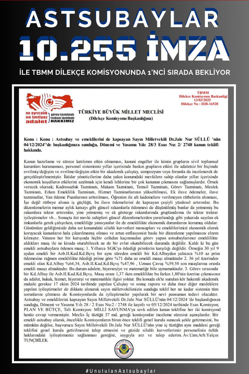 nevzatyuksel2's tweet photo. Meslektaşımız Sn. Yalçın Tunçbilek’e Teşekkürler

Astsubayların yıllardır süregelen hak arama mücadelesine gönülden destek veren, bu zorlu süreçte bilgi birikimiyle hem biz meslektaşlarını hem de kamuoyunu aydınlatan kıymetli meslektaşımız Yalçın Tunçbilek’e en içten teşekkürlerimizi sunuyoruz.  

Paylaştığı her tweet, sadece bir bilgilendirme değil; 
aynı zamanda bir bilinçlendirme, bir farkındalık yaratma ve mücadelemize güç katma çabasıdır. 

Sessizliğin hâkim olduğu alanlarda sesi olan, çoğu zaman dile getirilemeyenleri cesurca ifade eden Yalçın arkadaşımızın katkıları, bu davanın manevi mimarlarından biri olarak anılmayı fazlasıyla hak etmektedir.  

Kendisine bu onurlu duruşu ve örnek niteliğindeki çabaları için minnettarız. 

Birlik ve beraberliğin en çok ihtiyaç duyulduğu bu dönemde, böyle yol arkadaşlarına sahip olmak bizler için umut verici olduğu kadar gurur vericidir.  

Mücadelemiz sürecek, haklı sesimiz daha gür çıkacak. Teşekkürler Yalçın Tunçbilek…

Bu adaletsizliğe son verin! #MSB #FarkındaDeğil

@RTErdogan

#SesimiziDuyanVarmı #UnutulanAstsubaylar #HaklıGurur #AstsubayaAdalet #AstsubayÇalıştayı 
YER; ALTIN SIRMA        GÖK; AY-YILDIZ 
#Astsubaylar
@dbdevletbahceli
@eczozgurozel
@CHPMuratBakan
@ZcanALIKAN
@DursunATAS38 
@celebimehmeta 
@temadankara
@easbkadir
@zargana72
@zaferkirabal75
@kariyer17
@Karmati71
@oktayyildirim__
@Sbtd_akigo
@TuncbilekN
@drfatihcam
@ErdoanK97513075
@astsubaylar
@asbcalistayi
@AstsubayBurada
@TesudMerkez
@Asbinisiyatif
@NezoNezooo
@muratsariaslann
@reyhan_savk
@OzlemOrfi
@ilhn_64
@AzizErgn9
@CBlghn
@zgnckot
@tmltyfn06
@Ayhan08247745
@tctamercihan
@kacanilker36
@mybaleken
@cahitKoca20
@SinanHendek
@erd_ayd
@aosmanozkaya84
@mustafabyktara2
@SERVETULUTAS86
@menderes_akkus
@aydin_bildis
@MoonkhanAksoy
@Bayram_2015
@Ercan21355127
@ozdem_salim
@sert_bayramali
@erelihydr