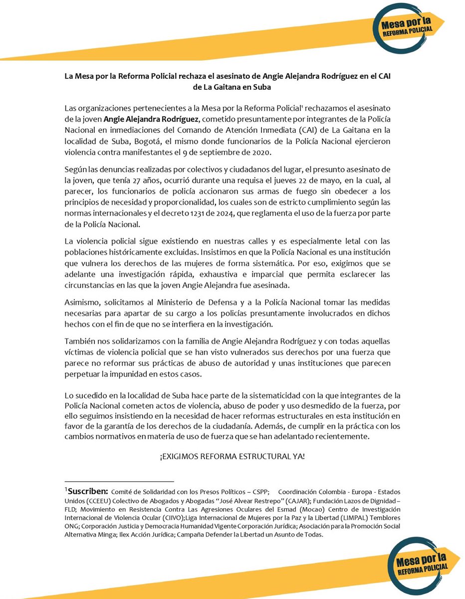 Temblores ONG 🐘 (@tembloresong) on Twitter photo Las organizaciones de la Mesa por la Reforma Policial rechazamos el asesinato de Angie Alejandra Rodríguez, cometido presuntamente por integrantes de la <a href="/PoliciaColombia/">Policía de Colombia</a> en inmediaciones del CAI de La Gaitana en la localidad de Suba, Bogotá. Las organizaciones de la Mesa por la Reforma Policial rechazamos el asesinato de Angie Alejandra Rodríguez, cometido presuntamente por integrantes de la <a href="/PoliciaColombia/">Policía de Colombia</a> en inmediaciones del CAI de La Gaitana en la localidad de Suba, Bogotá.